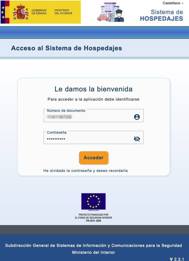 Acceso al sistema de HOSPEDAJES. El Registro de Viajeros de la Policia en España. 