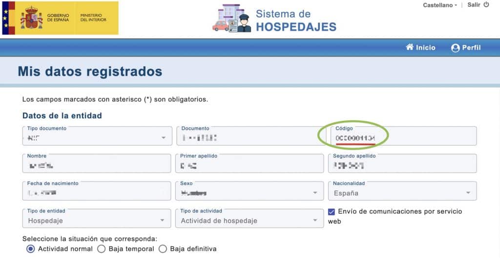 Código de Arrendador o entidad en SEShospedajes
