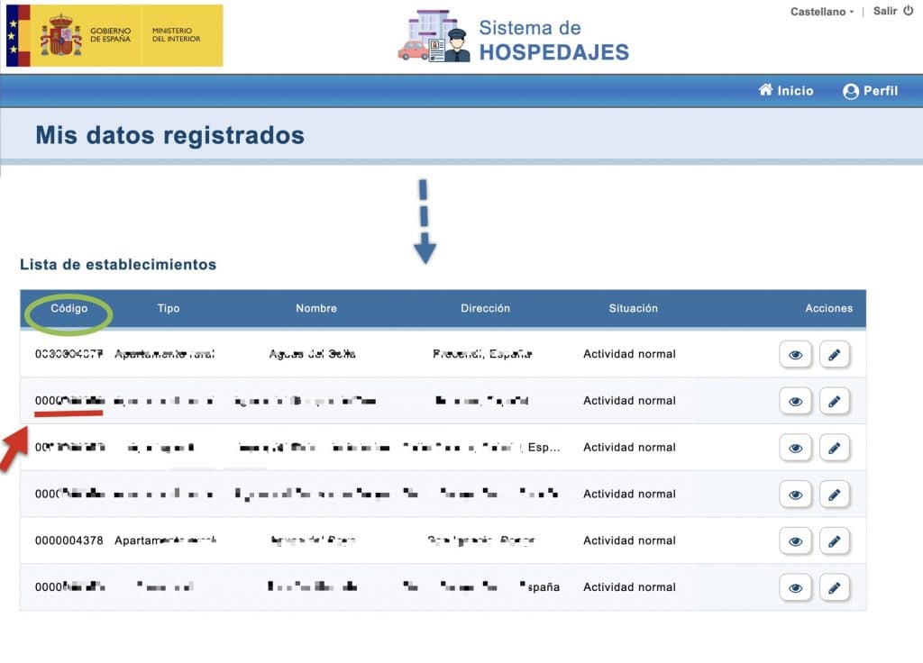 Código del Establecimiento en SEShospedajes