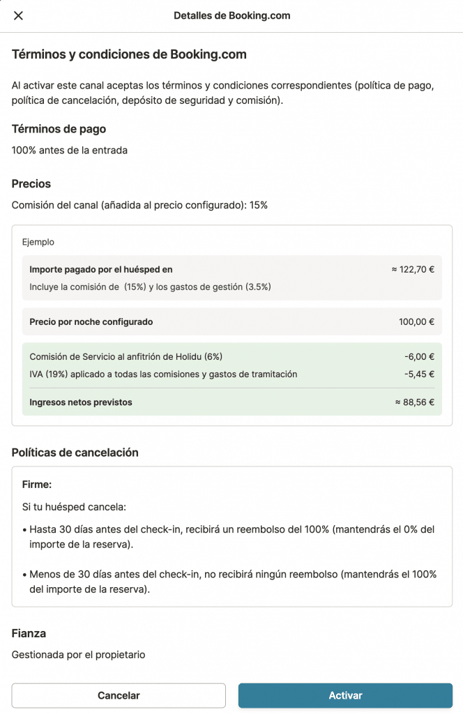 Ejemplo visual de cómo se calculan las comisiones de Holidu y el impacto en los ingresos del propietario.