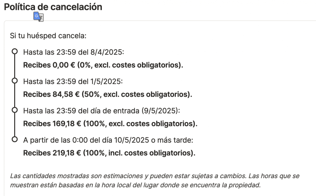 Detalle de las políticas de cancelación de Holidu con ejemplos de retención de comisiones