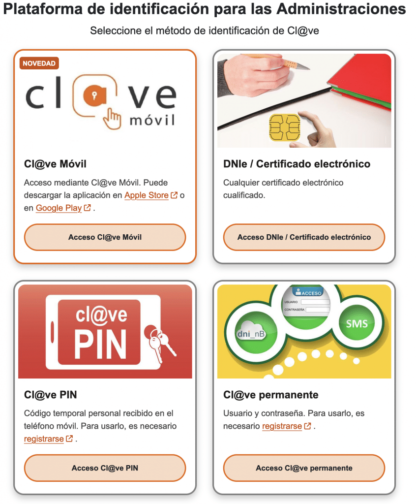 Opciones de identificación para acceder a servicios administrativos: Cl@ve Móvil, DNIe/Certificado electrónico, Cl@ve PIN y Cl@ve Permanente