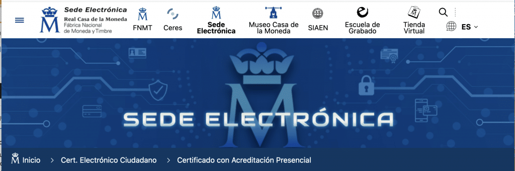 Página de inicio de la Sede Electrónica de la FNMT para la solicitud de certificados digitales con acreditación presencial